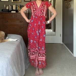 Red Floral Boho Maxi Dress